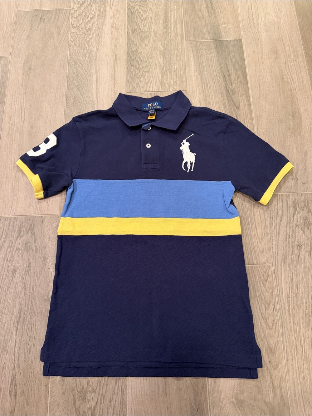 Polo by Ralph Lauren Boys Navy, Light Blue & Yellow Striped Kids Polo Size M